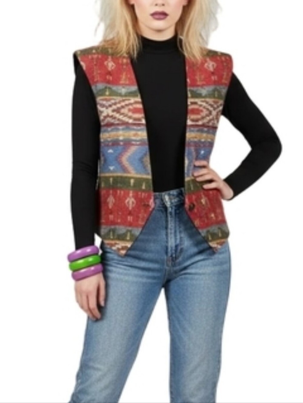 Vintage 1980s Jennie Vaughn Southwest Textile Multicolor Stripe Black Vest Sz M